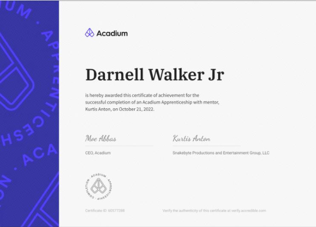 Acadium apprenticeship certificate awarded to Darnell Walker Jr.