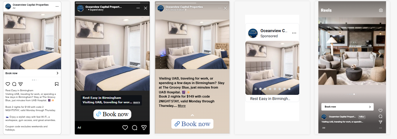 Oceanview Capital Properties bedroom and living room ads across Meta placements