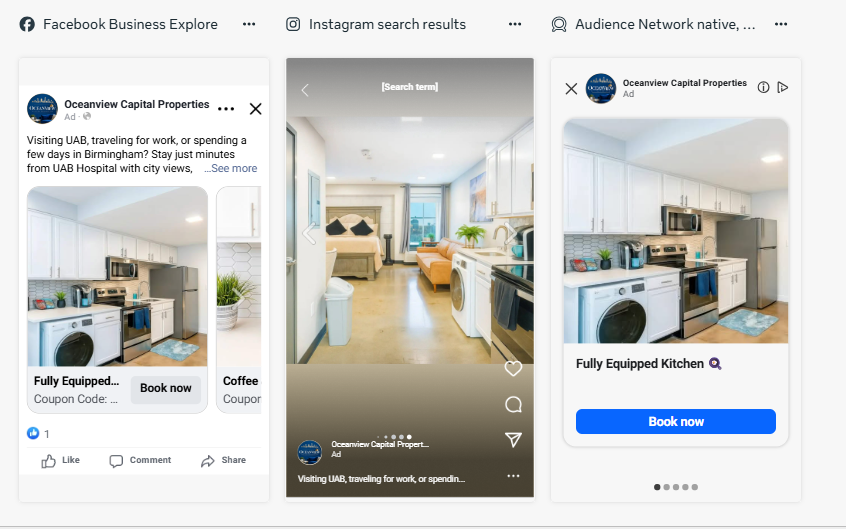 Oceanview Capital Properties kitchen ad in Facebook, Instagram, and Audience Network formats
